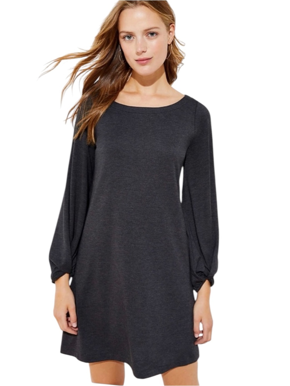 LOFT Charcoal Gray Jersey Shift Dress Twist Cuff 3/4 Sleeve Medium